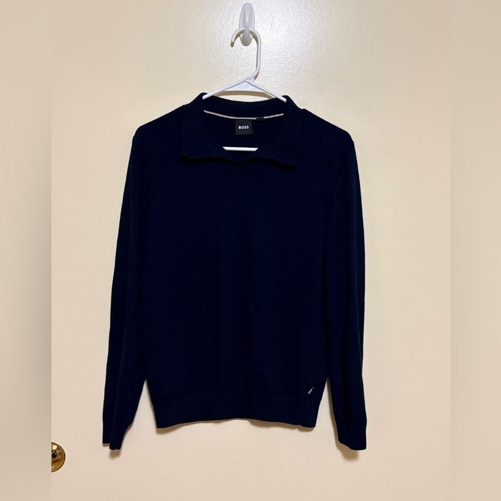 BOSS long-sleeve polo sweater in navy blue - Picture 1 of 8
